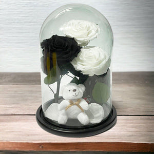 Set De 3 Trandafiri Criogenati In Cupolă De Sticlă Cu Ursuleț Plușat Cadou - Trandafir - Criogenat.ro