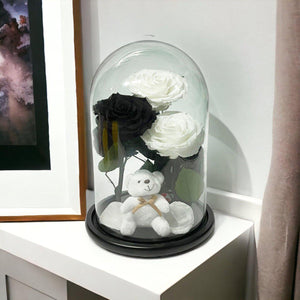 Set De 3 Trandafiri Criogenati In Cupolă De Sticlă Cu Ursuleț Plușat Cadou - Trandafir - Criogenat.ro