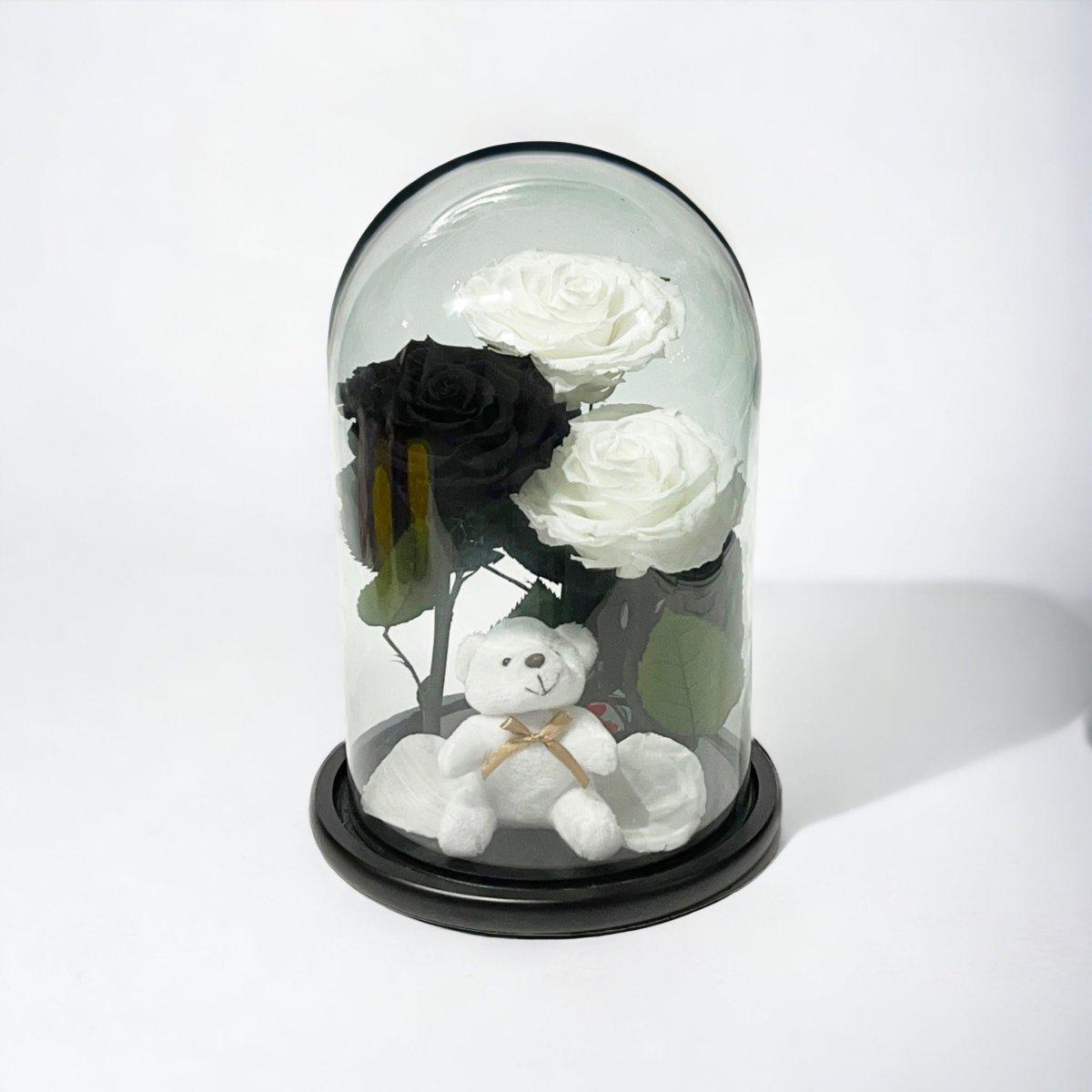 Set De 3 Trandafiri Criogenati In Cupolă De Sticlă Cu Ursuleț Plușat Cadou - Trandafir - Criogenat.ro