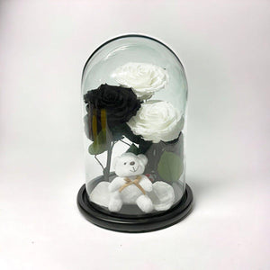 Set De 3 Trandafiri Criogenati In Cupolă De Sticlă Cu Ursuleț Plușat Cadou - Trandafir - Criogenat.ro