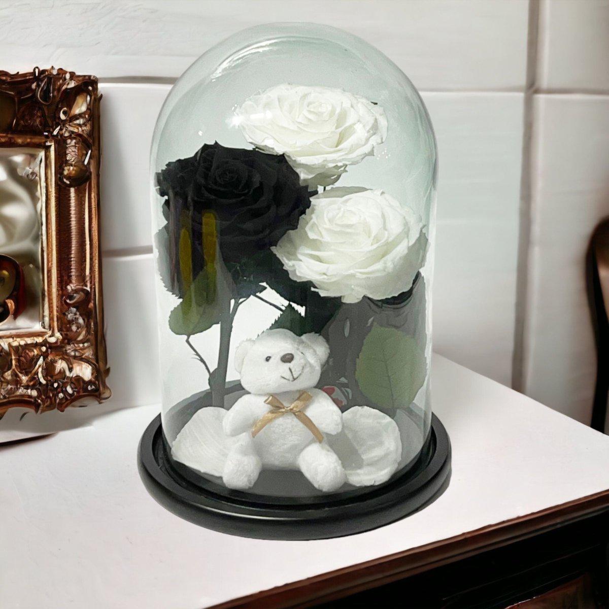 Set De 3 Trandafiri Criogenati In Cupolă De Sticlă Cu Ursuleț Plușat Cadou - Trandafir - Criogenat.ro