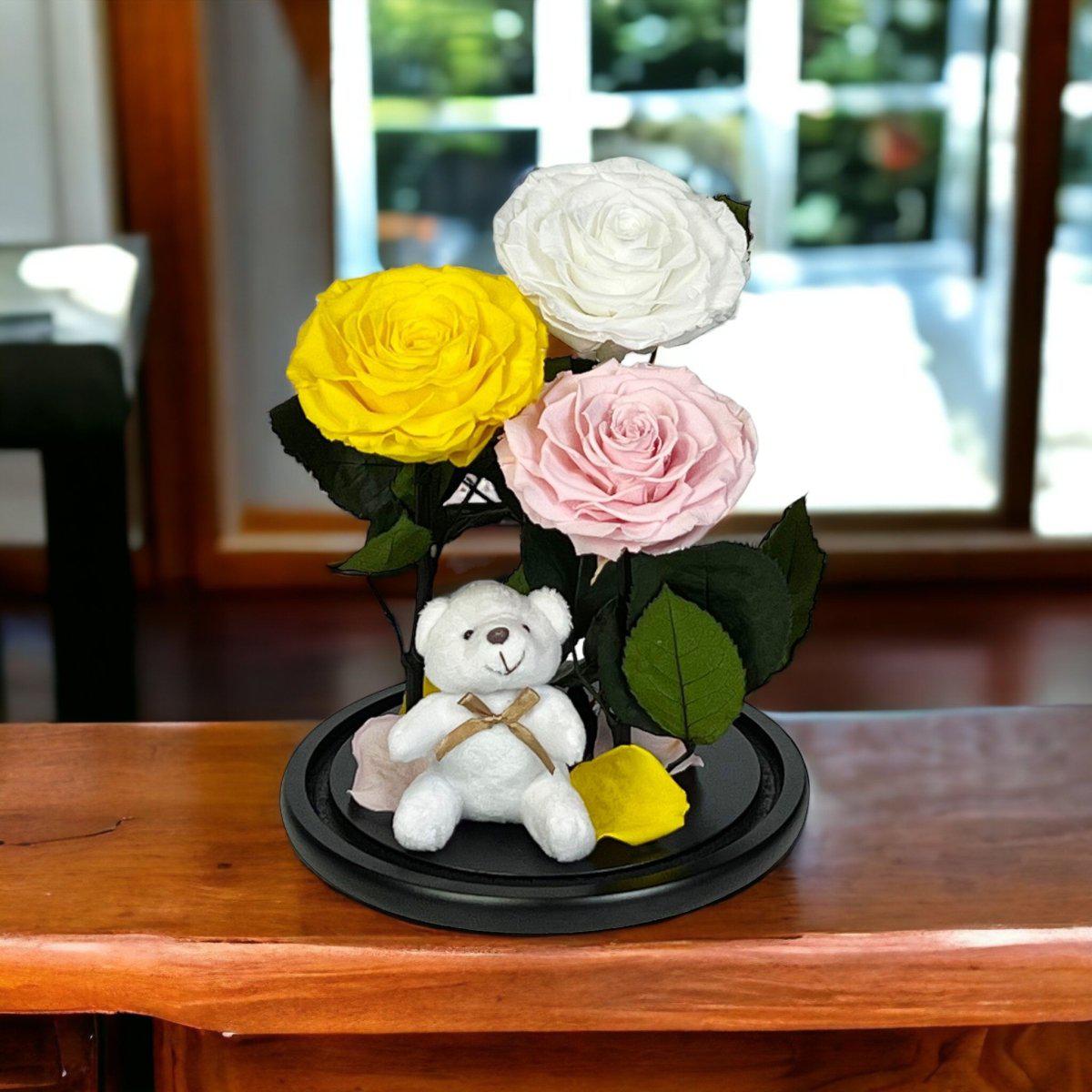 Set de Trandafiri Criogenati Mari Cupolă Sticlă Ursuleț Plush Galben Alb Roz - Trandafir - Criogenat.ro
