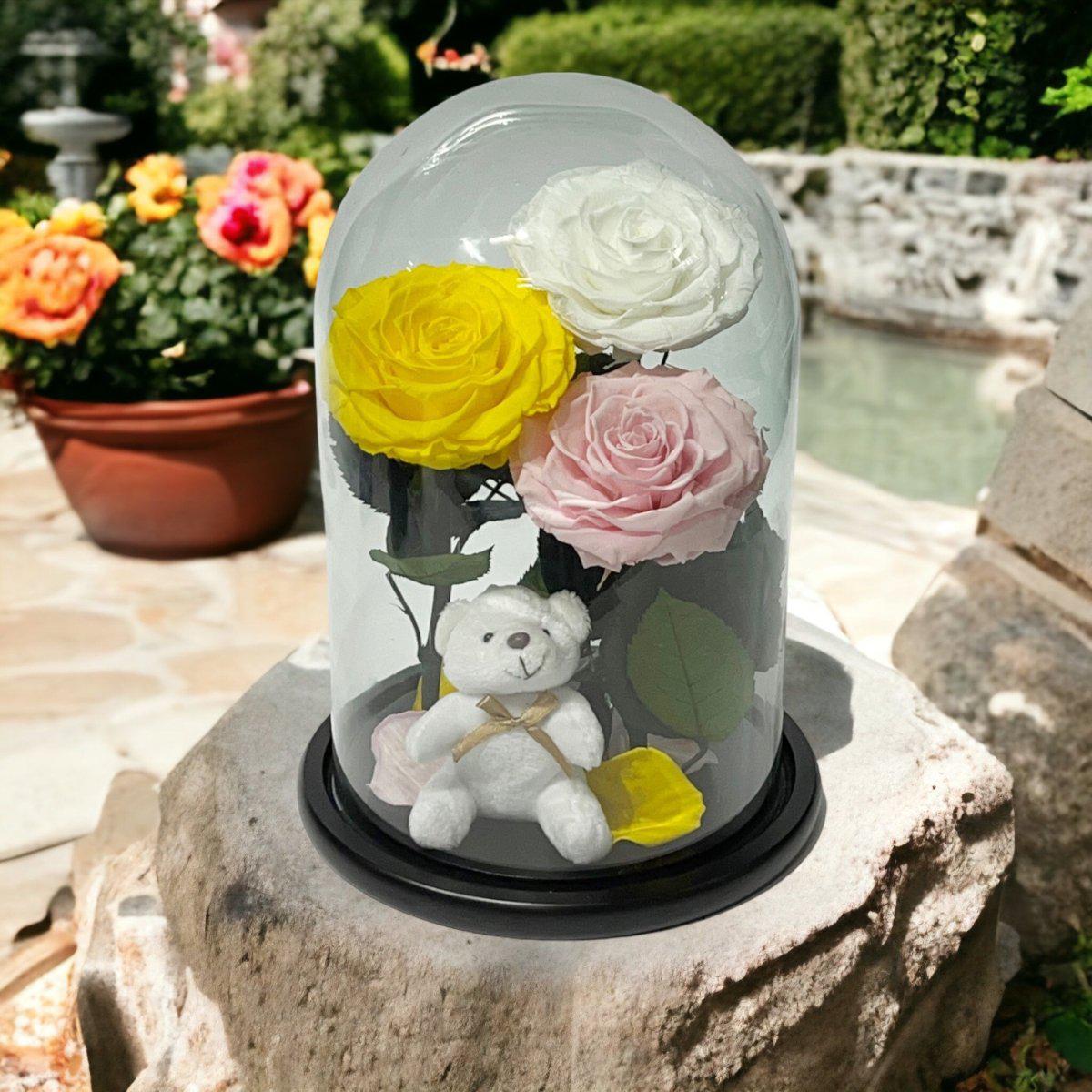 Set de Trandafiri Criogenati Mari Cupolă Sticlă Ursuleț Plush Galben Alb Roz - Trandafir - Criogenat.ro