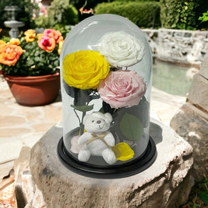 Set de Trandafiri Criogenati Mari Cupolă Sticlă Ursuleț Plush Galben Alb Roz - Trandafir - Criogenat.ro