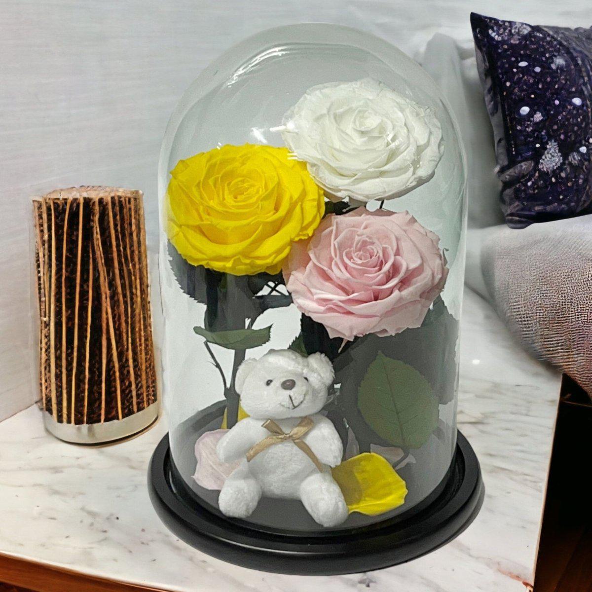 Set de Trandafiri Criogenati Mari Cupolă Sticlă Ursuleț Plush Galben Alb Roz - Trandafir - Criogenat.ro
