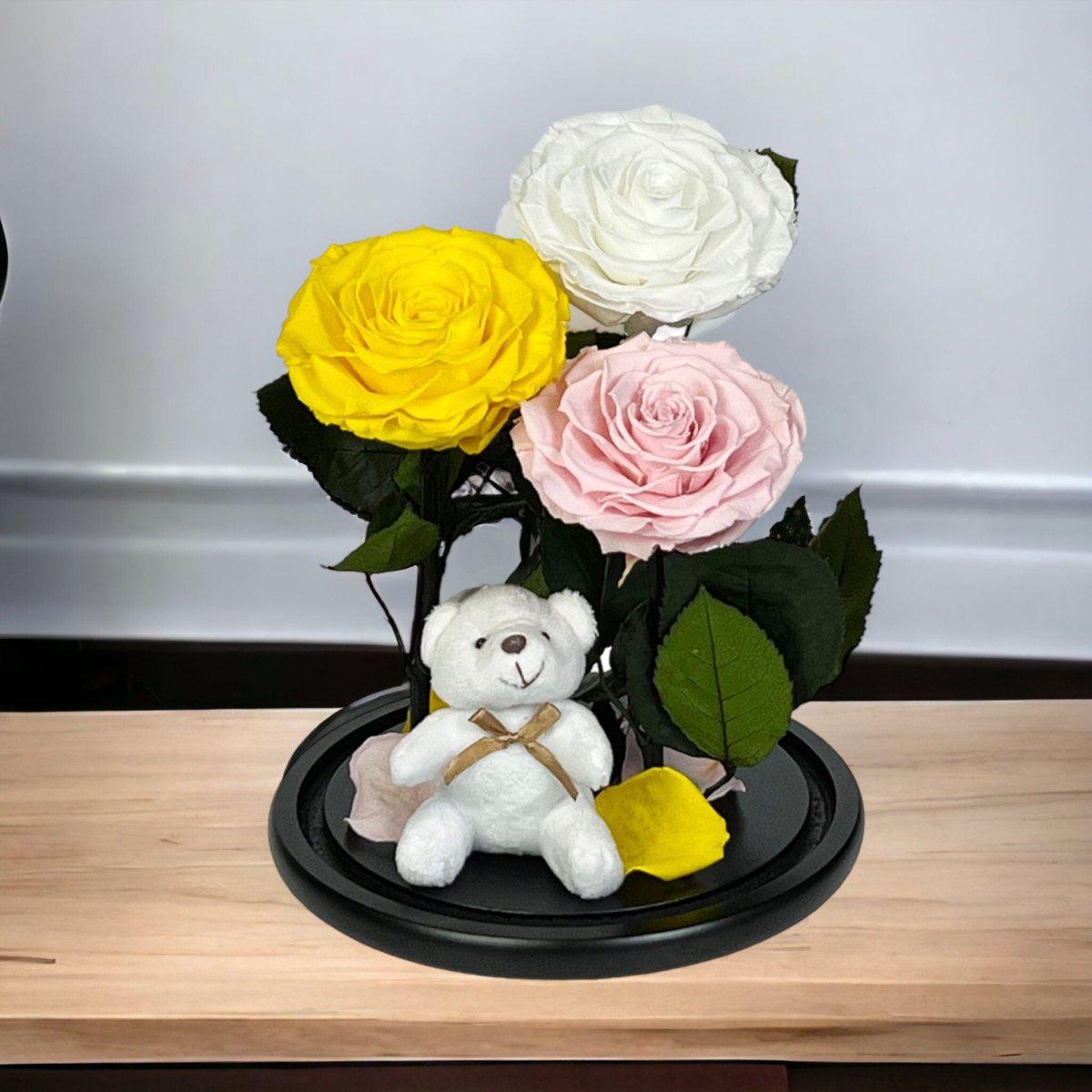Set de Trandafiri Criogenati Mari Cupolă Sticlă Ursuleț Plush Galben Alb Roz - Trandafir - Criogenat.ro