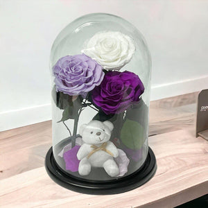 Set Elegant De 3 Trandafiri Criogenati Alb Lila Purpuriu In Cupola De Sticla - Trandafir - Criogenat.ro