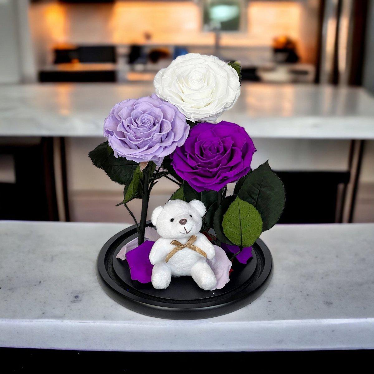 Set Elegant De 3 Trandafiri Criogenati Alb Lila Purpuriu In Cupola De Sticla - Trandafir - Criogenat.ro