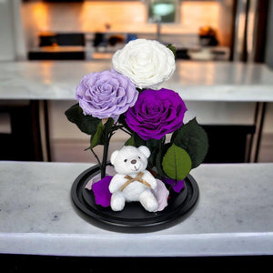 Set Elegant De 3 Trandafiri Criogenati Alb Lila Purpuriu In Cupola De Sticla - Trandafir - Criogenat.ro