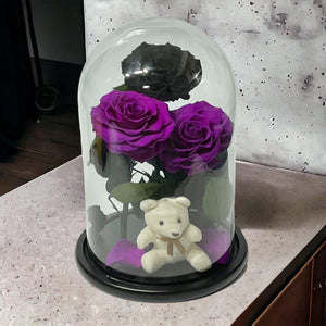 Set Elegant De 3 Trandafiri Criogenati În Cupolă De Sticlă Cu Blat Din Lemn Negru - Trandafir - Criogenat.ro