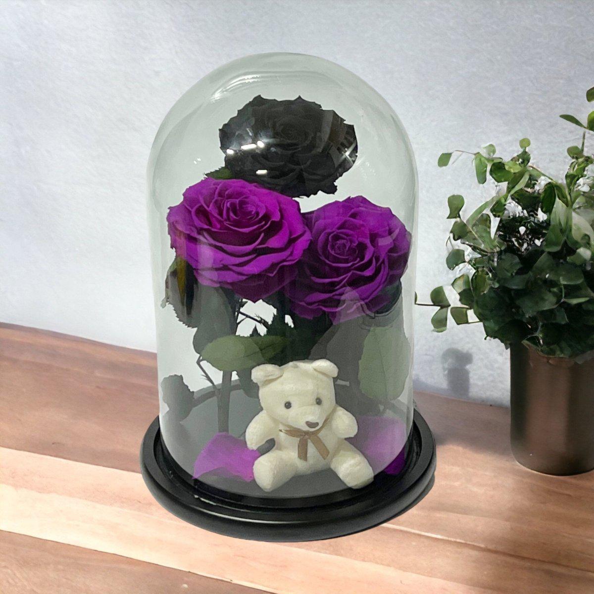 Set Elegant De 3 Trandafiri Criogenati În Cupolă De Sticlă Cu Blat Din Lemn Negru - Trandafir - Criogenat.ro