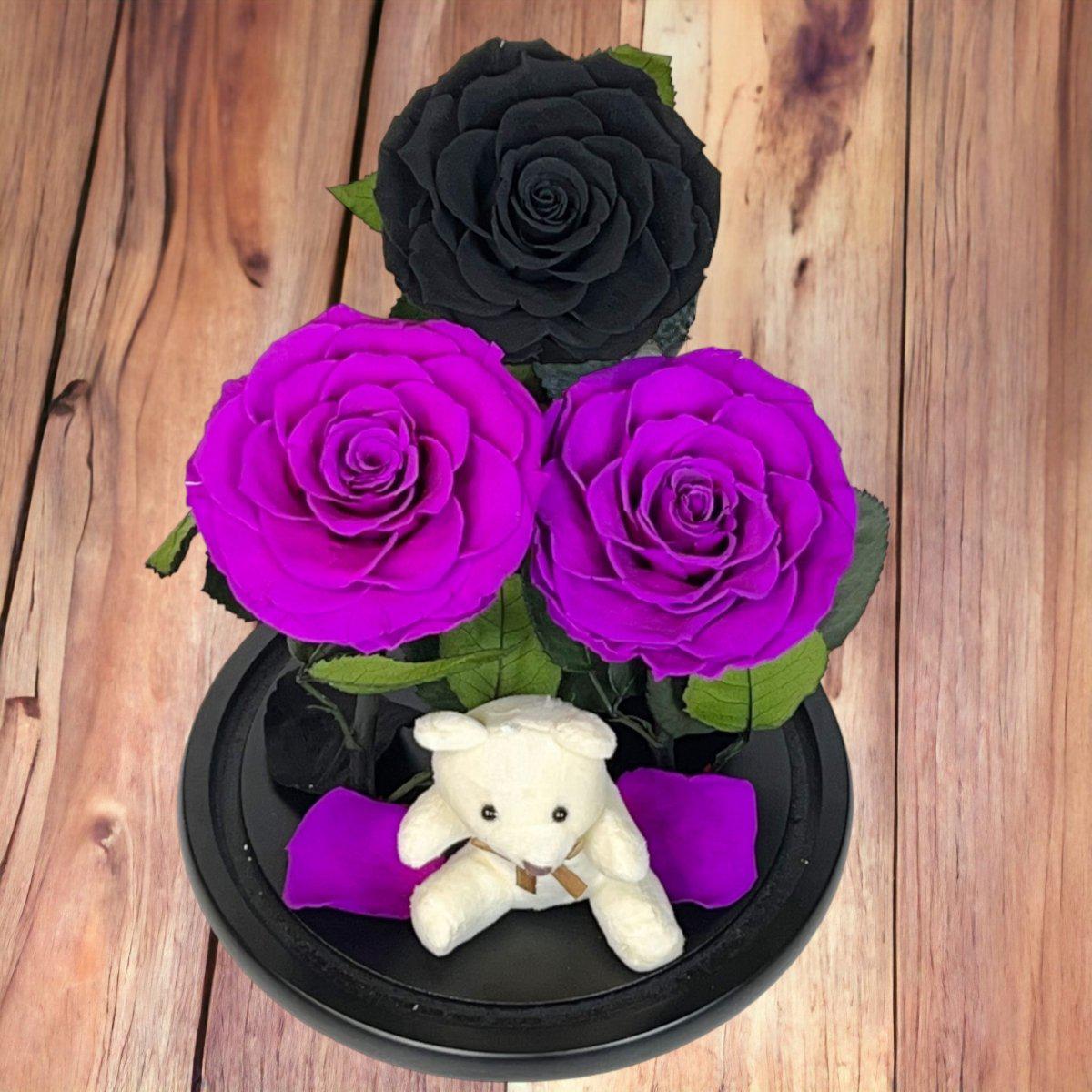 Set Elegant De 3 Trandafiri Criogenati În Cupolă De Sticlă Cu Blat Din Lemn Negru - Trandafir - Criogenat.ro