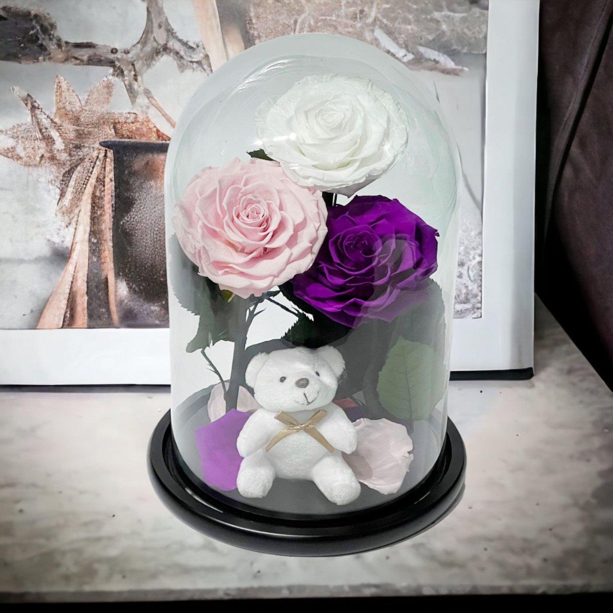 Set Trandafiri Criogenati Mari Alb Roz Purpuriu în Cupolă Elegantă de Sticlă - Trandafir - Criogenat.ro