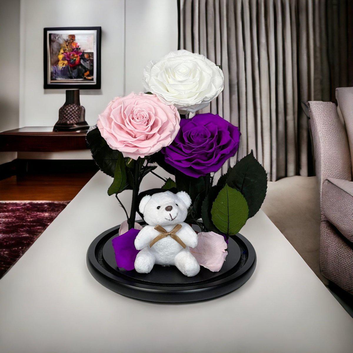 Set Trandafiri Criogenati Mari Alb Roz Purpuriu în Cupolă Elegantă de Sticlă - Trandafir - Criogenat.ro