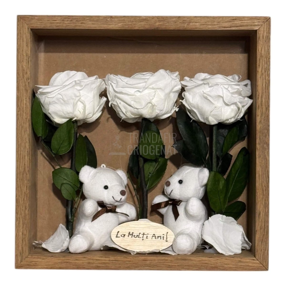 Tablou Cadou Cu 3 Trandafiri Criogenați Albi, Mesaj Personalizat Și Ursuleți De Pluș, Simbol Al Purității Și Afecțiunii - Trandafir - Criogenat.ro