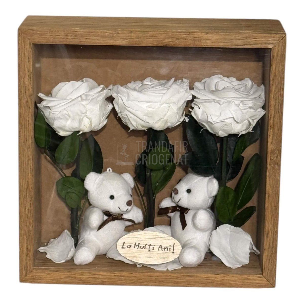 Tablou Cadou Cu 3 Trandafiri Criogenați Albi, Mesaj Personalizat Și Ursuleți De Pluș, Simbol Al Purității Și Afecțiunii - Trandafir - Criogenat.ro