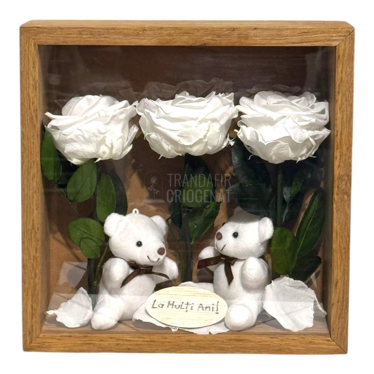Tablou Cadou Cu 3 Trandafiri Criogenați Albi, Mesaj Personalizat Și Ursuleți De Pluș, Simbol Al Purității Și Afecțiunii - Trandafir - Criogenat.ro