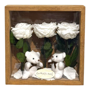 Tablou Cadou Cu 3 Trandafiri Criogenați Albi, Mesaj Personalizat Și Ursuleți De Pluș, Simbol Al Purității Și Afecțiunii - Trandafir - Criogenat.ro