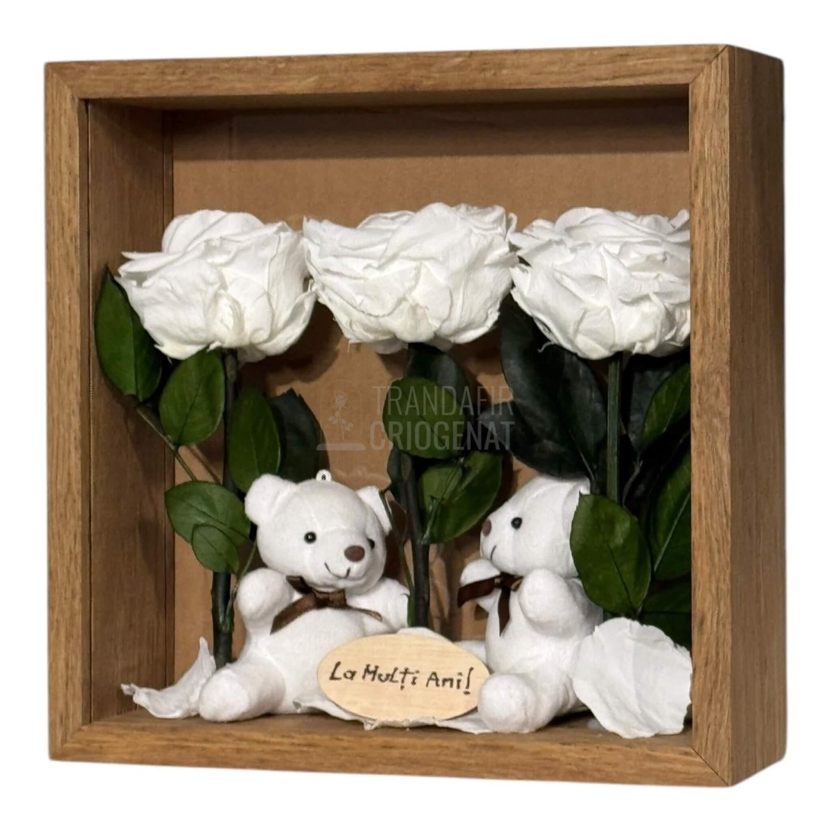 Tablou Cadou Cu 3 Trandafiri Criogenați Albi, Mesaj Personalizat Și Ursuleți De Pluș, Simbol Al Purității Și Afecțiunii - Trandafir - Criogenat.ro