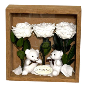Tablou Cadou Cu 3 Trandafiri Criogenați Albi, Mesaj Personalizat Și Ursuleți De Pluș, Simbol Al Purității Și Afecțiunii - Trandafir - Criogenat.ro