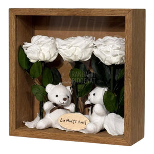 Tablou Cadou Cu 3 Trandafiri Criogenați Albi, Mesaj Personalizat Și Ursuleți De Pluș, Simbol Al Purității Și Afecțiunii - Trandafir - Criogenat.ro