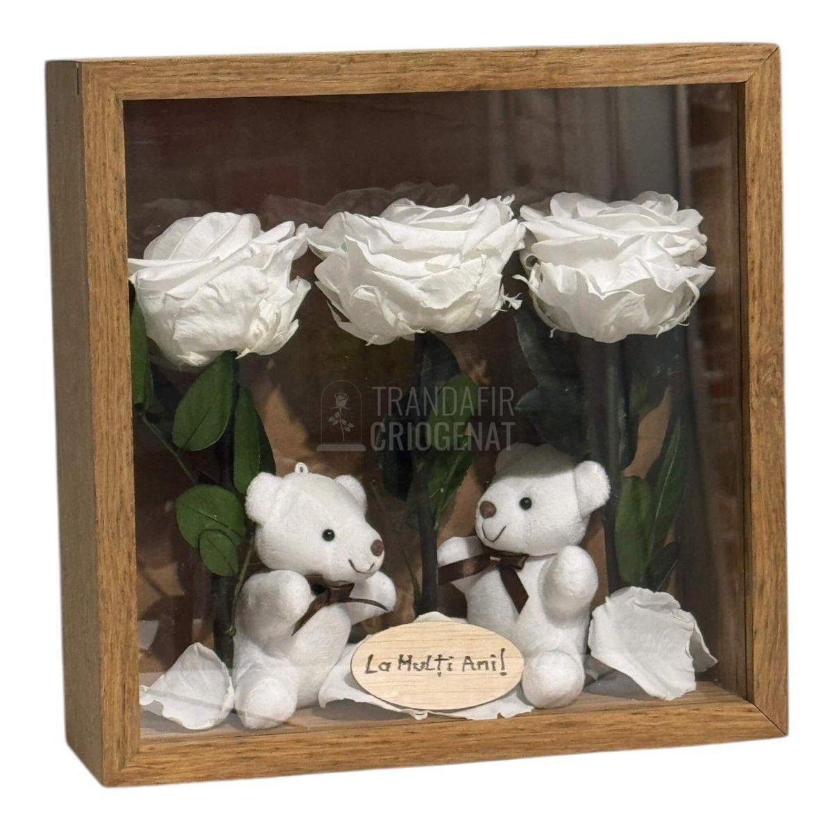 Tablou Cadou Cu 3 Trandafiri Criogenați Albi, Mesaj Personalizat Și Ursuleți De Pluș, Simbol Al Purității Și Afecțiunii - Trandafir - Criogenat.ro