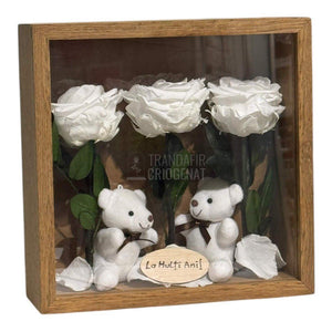 Tablou Cadou Cu 3 Trandafiri Criogenați Albi, Mesaj Personalizat Și Ursuleți De Pluș, Simbol Al Purității Și Afecțiunii - Trandafir - Criogenat.ro