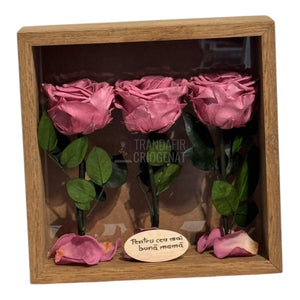 Tablou Cu 3 Trandafiri Criogenați Mov Pudrat În Ramă Din Stejar Masiv Cu Plexiglas Protector Cadou Elegant Și Natural - Trandafir - Criogenat.ro
