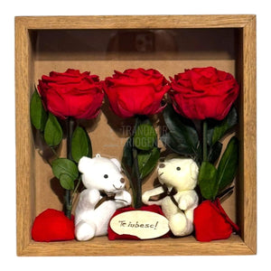 Tablou Elegant Cu Trandafiri Criogenați Roșii Și Urși De Plus Cadou Emoțional Pentru Iubire Dimensiuni 27x27 Cm - Trandafir - Criogenat.ro