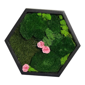 Tablou Hexagonal Cu Mușchi Licheni Trandafiri Criogenați Roz Natură Eleganță Diametru 35 cm - Trandafir - Criogenat.ro