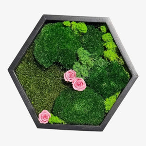 Tablou Hexagonal Cu Mușchi Licheni Trandafiri Criogenați Roz Natură Eleganță Diametru 35 cm - Trandafir - Criogenat.ro