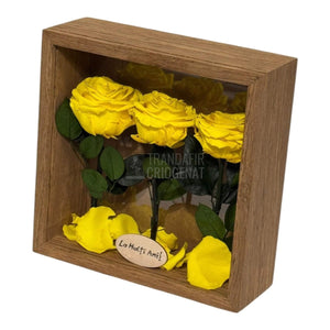 Tablou Natural 27x27 cm Cu 3 Trandafiri Criogenați Galbeni Premium În Ramă Din Stejar Masiv - Trandafir - Criogenat.ro