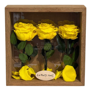 Tablou Natural 27x27 cm Cu 3 Trandafiri Criogenați Galbeni Premium În Ramă Din Stejar Masiv - Trandafir - Criogenat.ro