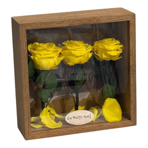 Tablou Natural 27x27 cm Cu 3 Trandafiri Criogenați Galbeni Premium În Ramă Din Stejar Masiv - Trandafir - Criogenat.ro