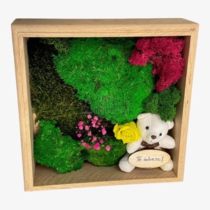Tablou Natural cu Mușchi Licheni Trandafir Criogenat și Ursuleț o Declarație de Dragoste Unică - Trandafir - Criogenat.ro