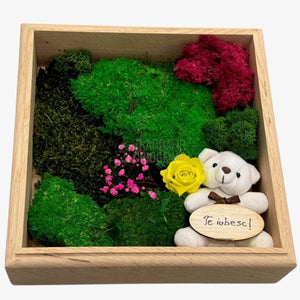 Tablou Natural cu Mușchi Licheni Trandafir Criogenat și Ursuleț o Declarație de Dragoste Unică - Trandafir - Criogenat.ro