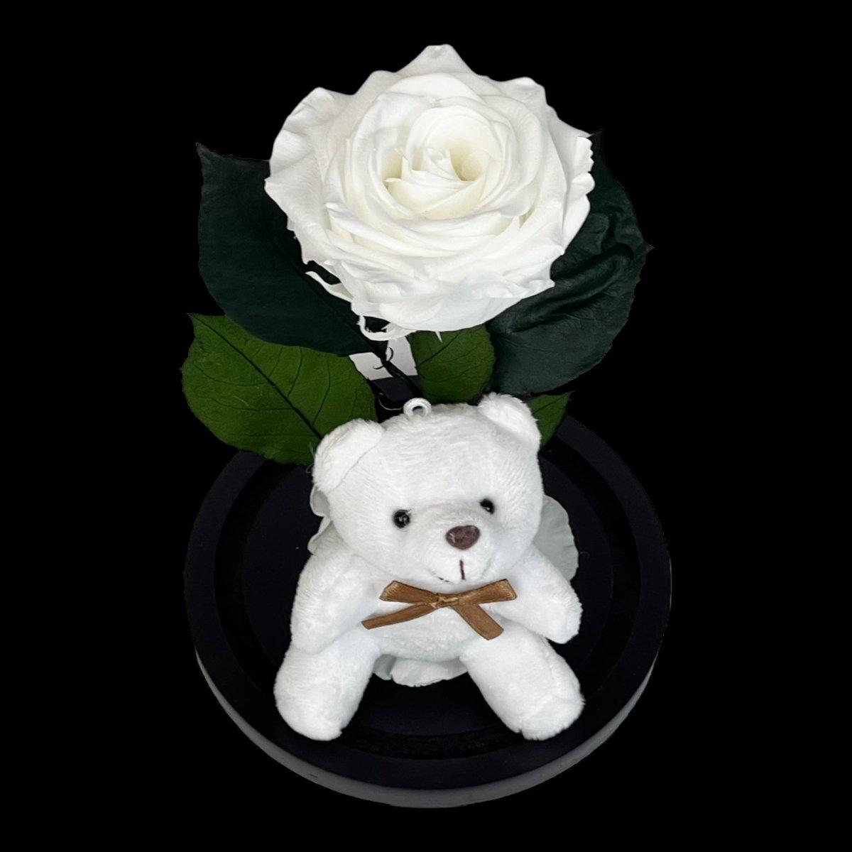 Trandafir Criogenat Alb De Lux 8cm Cu Ursulet In Cupola De Sticla Premium - Trandafir - Criogenat.ro