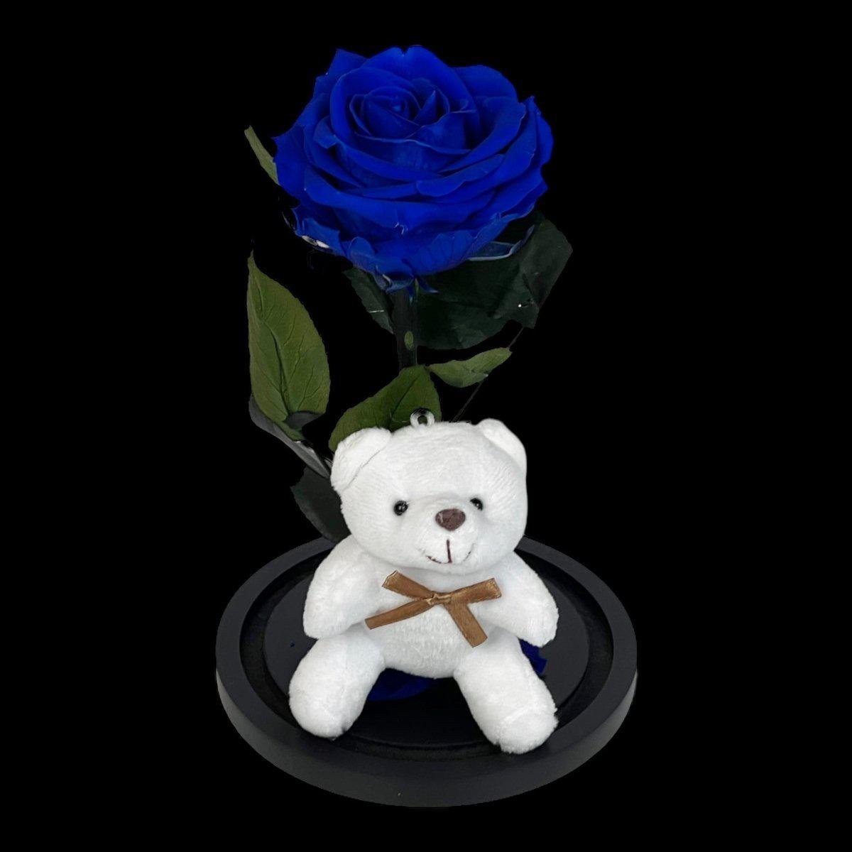 Trandafir Criogenat Albastru Premium cu Ursuleț în Cupolă de Sticlă Cadou Unic - Trandafir - Criogenat.ro