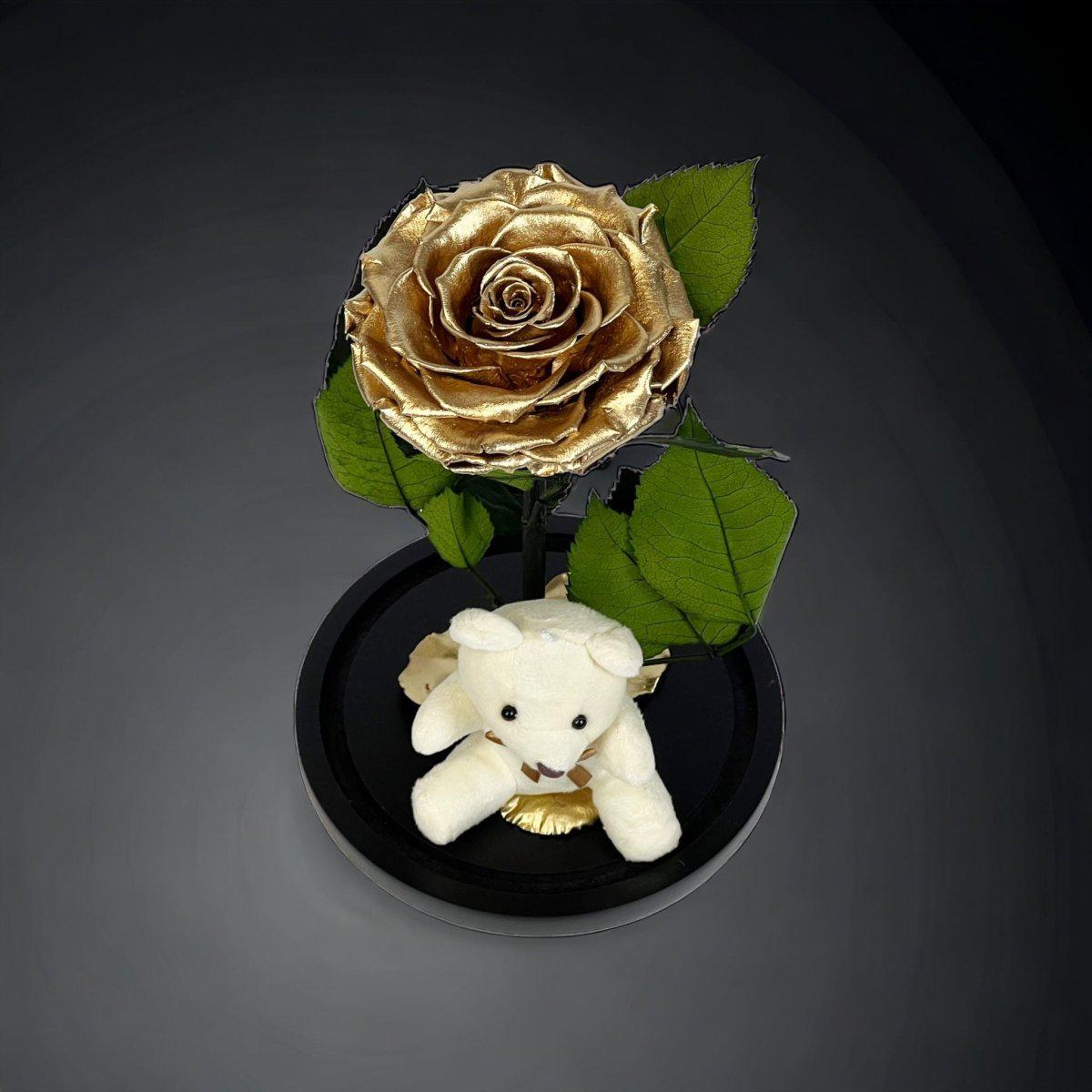 Trandafir Criogenat Bonita Auriu Cu Cupolă De Sticlă Și Ursuleț De Plus 9 9,5 Cm - Trandafir - Criogenat.ro