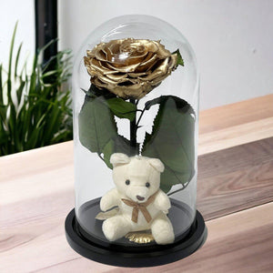 Trandafir Criogenat Bonita Auriu Cu Cupolă De Sticlă Și Ursuleț De Plus 9 9,5 Cm - Trandafir - Criogenat.ro