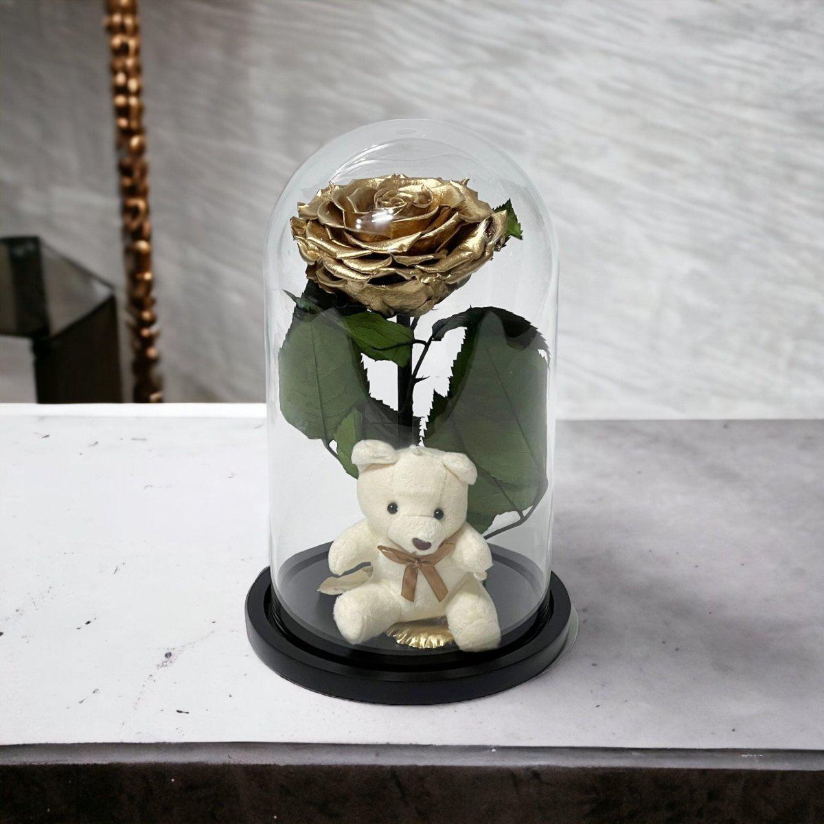 Trandafir Criogenat Bonita Auriu Cu Cupolă De Sticlă Și Ursuleț De Plus 9 9,5 Cm - Trandafir - Criogenat.ro