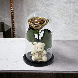 Trandafir Criogenat Bonita Auriu Cu Cupolă De Sticlă Și Ursuleț De Plus 9 9,5 Cm - Trandafir - Criogenat.ro