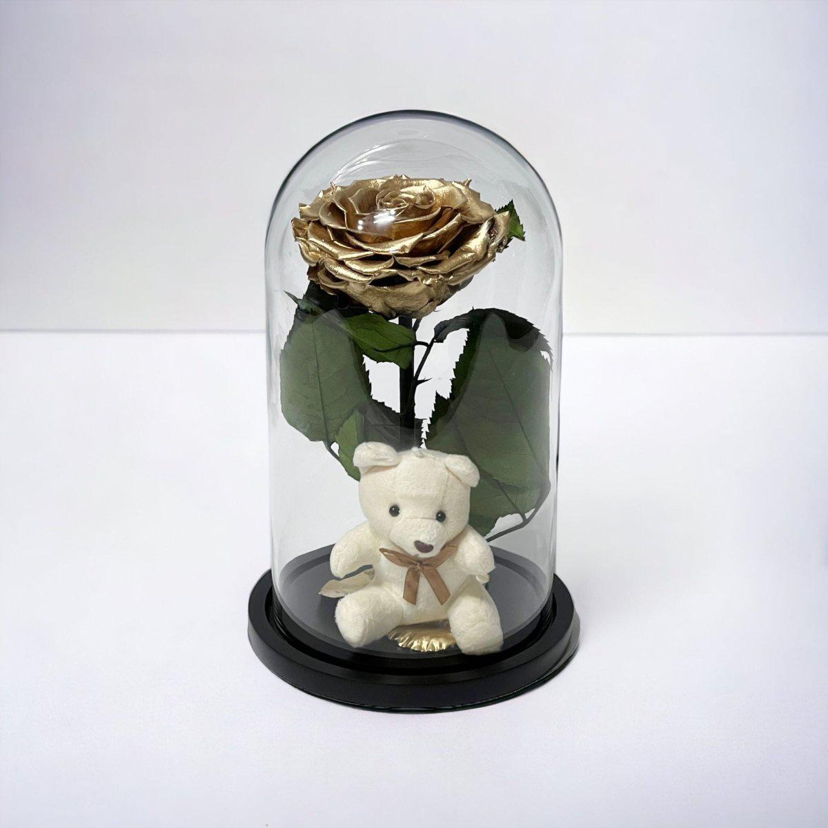 Trandafir Criogenat Bonita Auriu Cu Cupolă De Sticlă Și Ursuleț De Plus 9 9,5 Cm - Trandafir - Criogenat.ro