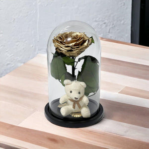 Trandafir Criogenat Bonita Auriu Cu Cupolă De Sticlă Și Ursuleț De Plus 9 9,5 Cm - Trandafir - Criogenat.ro