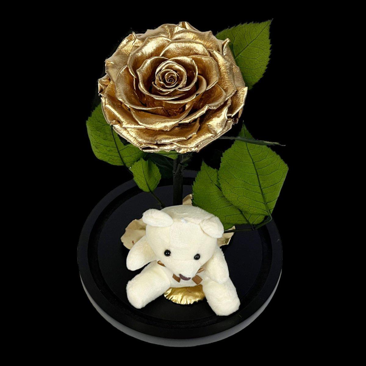 Trandafir Criogenat Bonita Auriu Cu Cupolă De Sticlă Și Ursuleț De Plus 9 9,5 Cm - Trandafir - Criogenat.ro