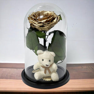 Trandafir Criogenat Bonita Auriu Cu Cupolă De Sticlă Și Ursuleț De Plus 9 9,5 Cm - Trandafir - Criogenat.ro
