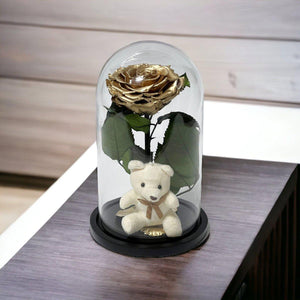 Trandafir Criogenat Bonita Auriu Cu Cupolă De Sticlă Și Ursuleț De Plus 9 9,5 Cm - Trandafir - Criogenat.ro