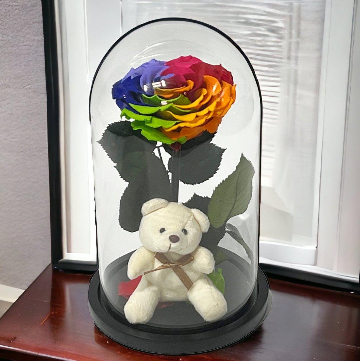 Trandafir Criogenat Bonita Multicolor Cu Ursuleț Încapsulat În Cupolă De Sticlă - Trandafir - Criogenat.ro