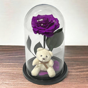 Trandafir Criogenat Bonita Purpuriu In Cupola De Sticla Cu Ursulet 15x25cm - Trandafir - Criogenat.ro