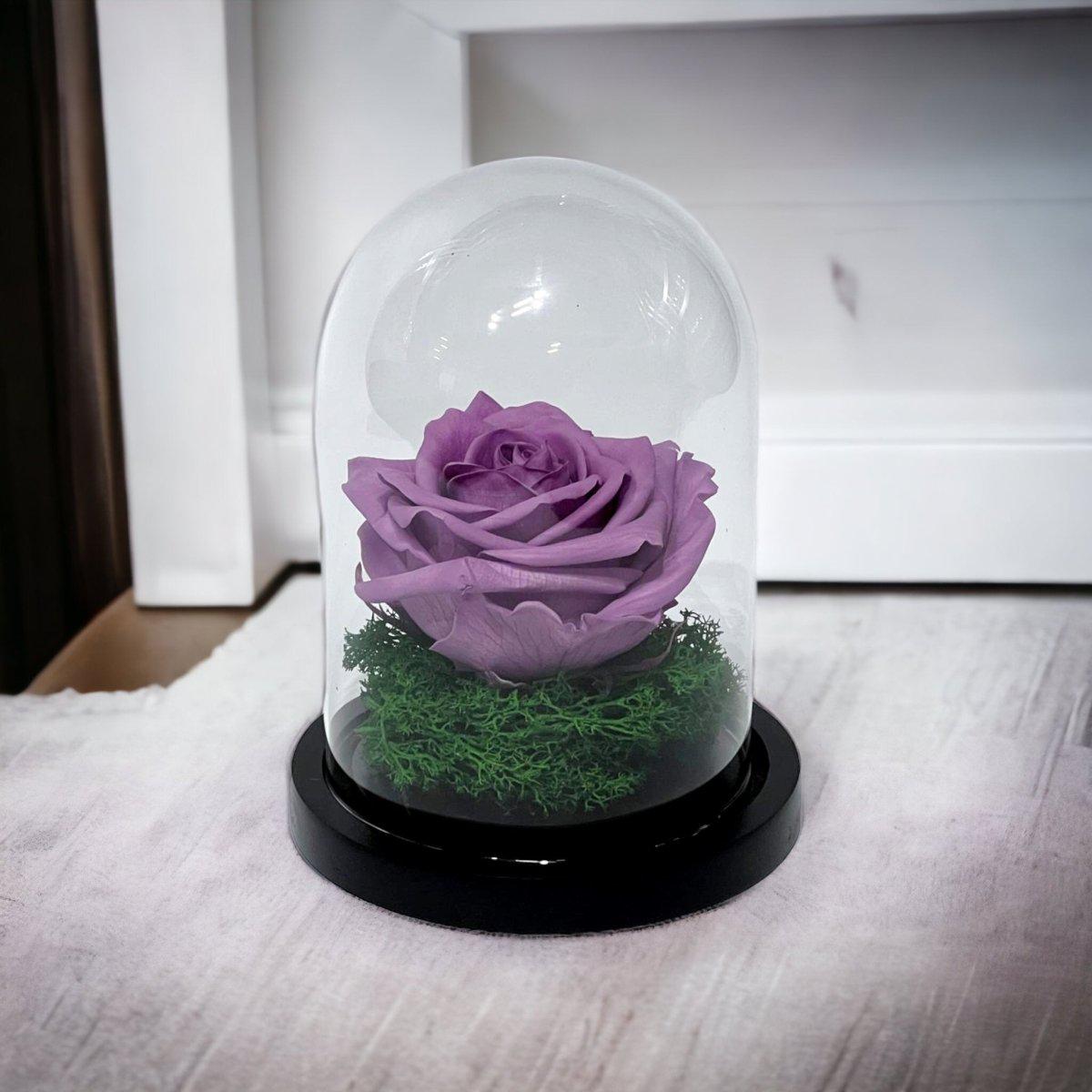Trandafir Criogenat Lila de Lux în Cupolă de Sticlă 8cm Personalizat Cu Mesaj - Trandafir - Criogenat.ro